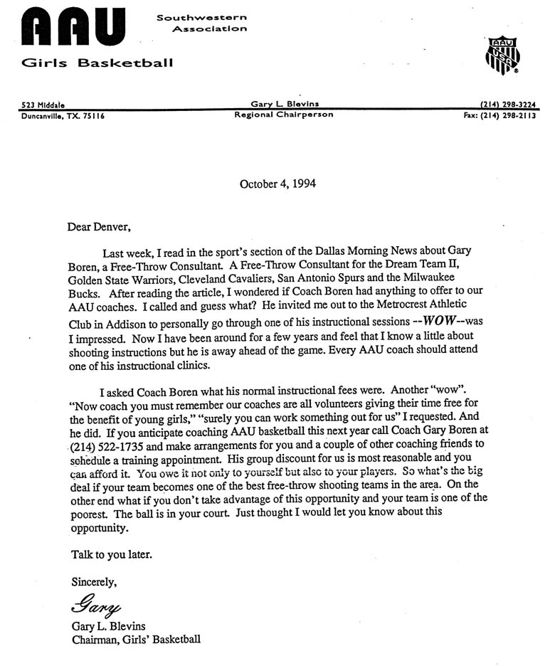 Letter from Gary Blevins to Gary Boren